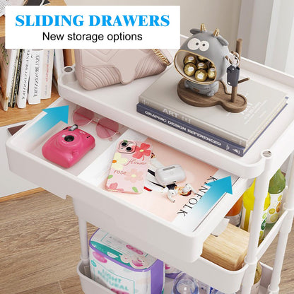 DUOJIN 3 Tier Plastic Rolling Utility Cart with Handle, Multi-Functional Storage Trolley with Mesh Baskets and Lockable Wheels for Bathroom Kitchen