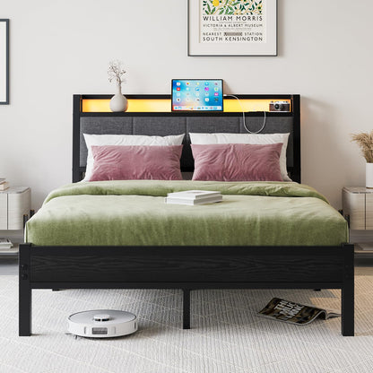 FOUBAM Double Bed Frame, 4FT6 Bed Frame Ergonomics Double with Charging Station and LED Lights