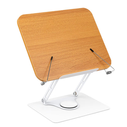 Wooden Book Stand for Reading, 360°Adjustable Book Holder Foldable Recipe Cook Book Stand for Kitchen Book Display Stand with Elastic Page Clips for