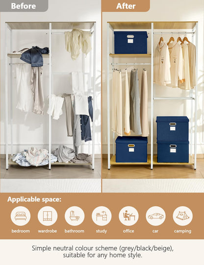Bagnizer Storage Boxes with Lids 3PCS Foldable Fabric Storage Boxes Large Stackable Storage Baskets for Shelves Storage Box for Clothes Wardrobe Navy