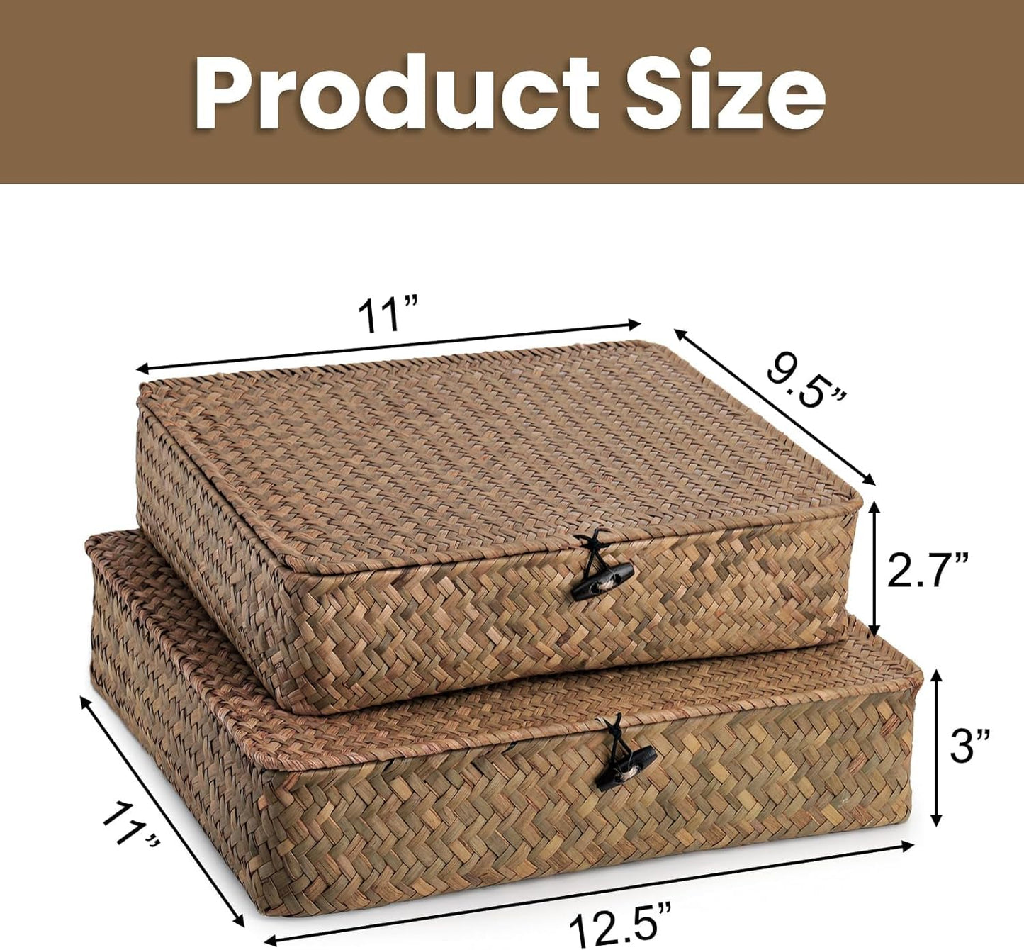 Elsjoy 2 Pack Seagrass Storage Box with Lid, Wicker Storage Baskets Flat Rattan Storage Bins, Woven Organizer Baskets for Shelf, Closet, Bedroom
