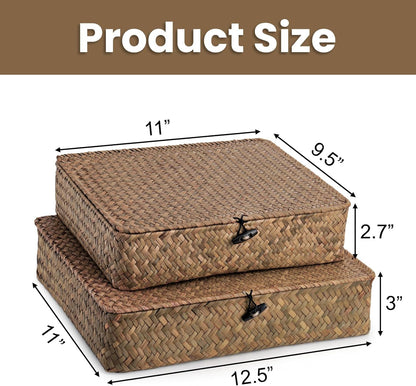 Elsjoy 2 Pack Seagrass Storage Box with Lid, Wicker Storage Baskets Flat Rattan Storage Bins, Woven Organizer Baskets for Shelf, Closet, Bedroom