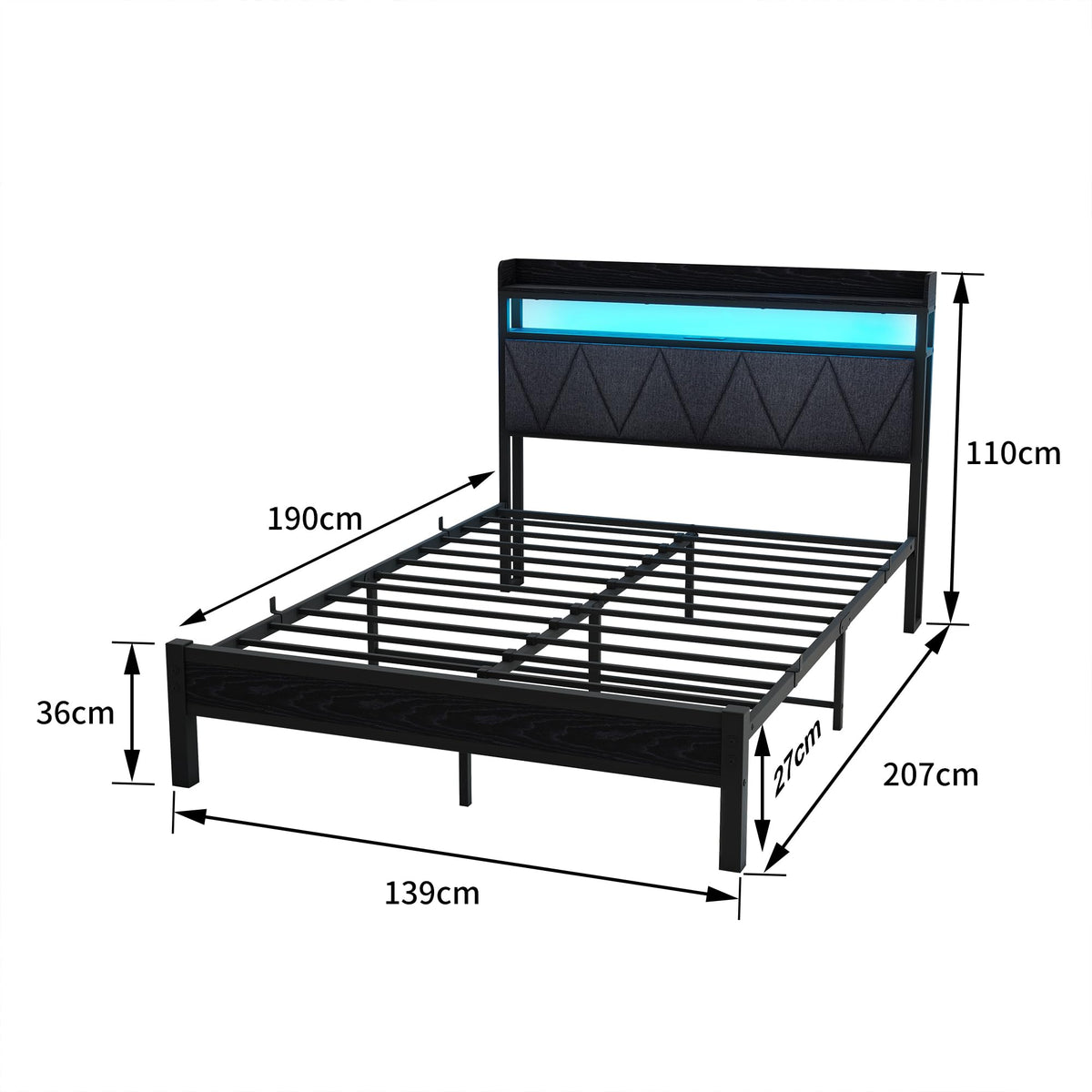 VERFARM 4ft6 Double Size Bed Frame with LED Lights Storage Upholstered Headboard and Charging Station, Solid Metal Platform Bed Double Size