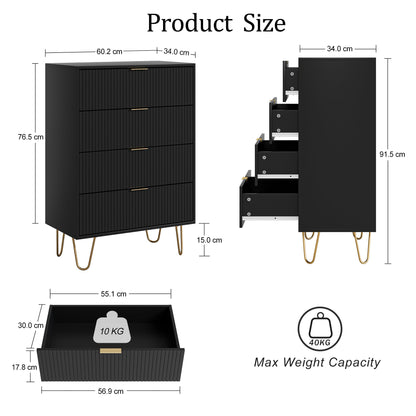 HEYZOEY Chest of 4 Drawers for Bedroom, 60x34x91cm, Wood Storage Dresser Bedroom Furniture Cabinet for Living Room,Office,Lounge,Black