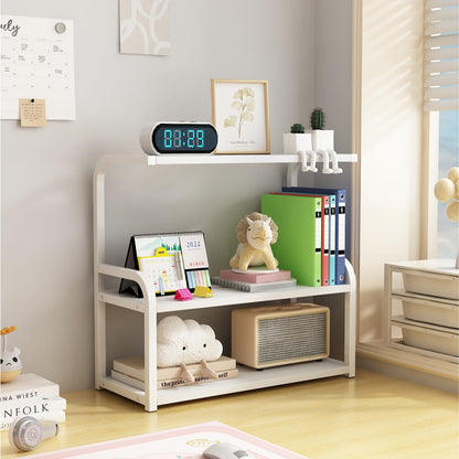 Numjeg Bookshelf 3-Tier Desktop Wood White Metal Rack Supplies Bedroom Shelf Big Bookcase Organizer Shelf for Top of Desk and Dresser Living Room