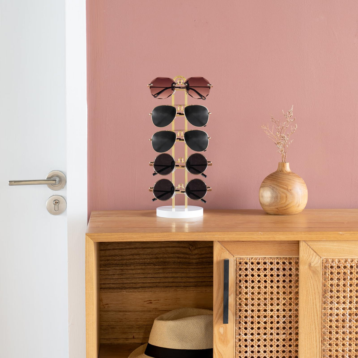 Mkono Sunglasses Organizer Glasses Holder Stand Sunglass Storage Eyeglasses Rack Metal Frame with Wood Base for 5 Pairs of Eyewear Display for Table