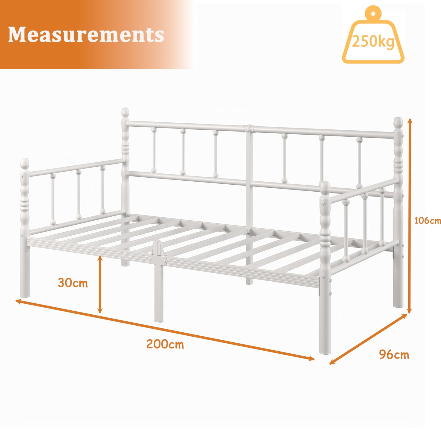 Apextella Home 3ft Single Bed Frame with Headboard,White Metal Day Bed Frame with Mattress Slide Stopper