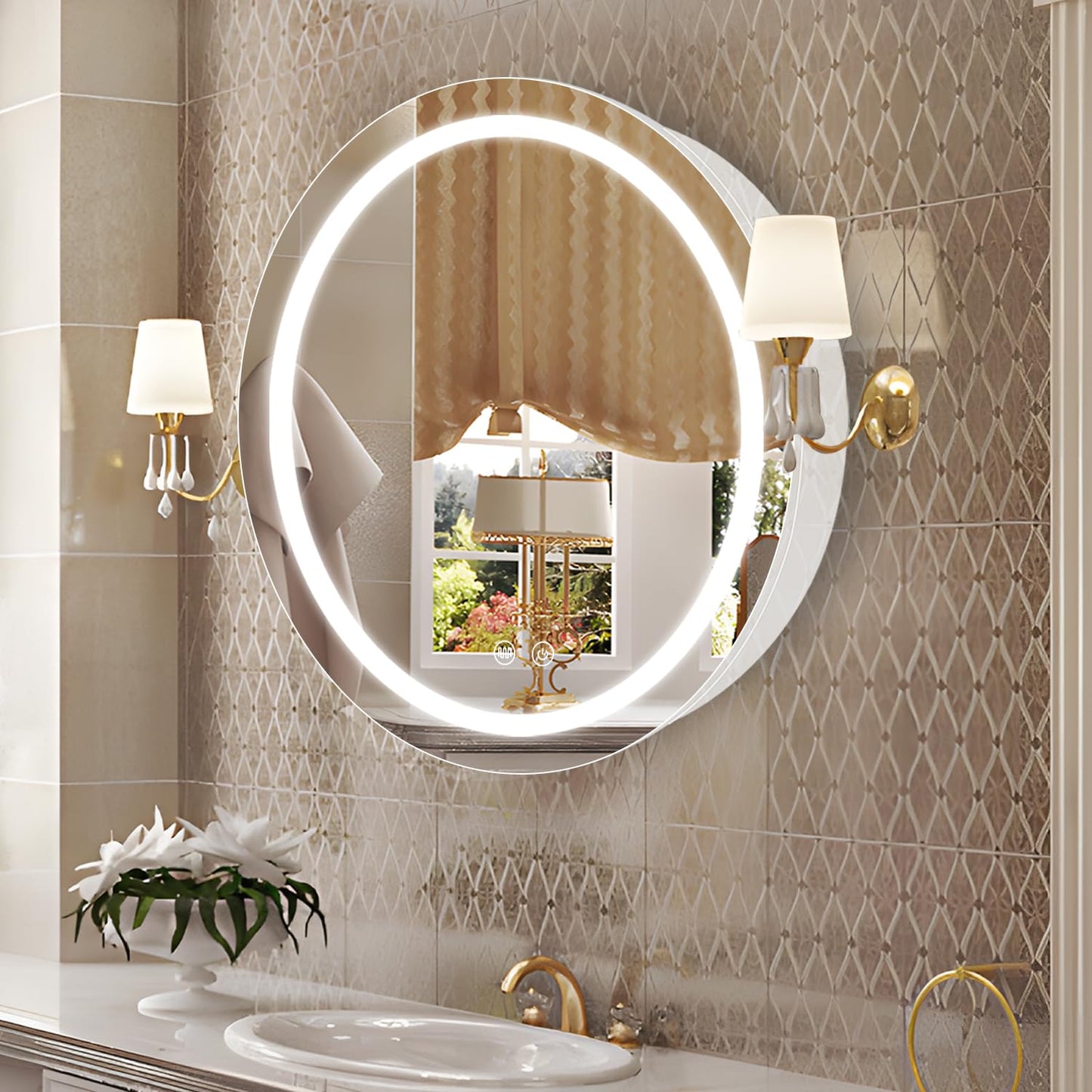 Janboe 76cm Round Mirror Cabinet with Lights,with Defogger,Dimmable,Anti-Fog,3 Colors,White