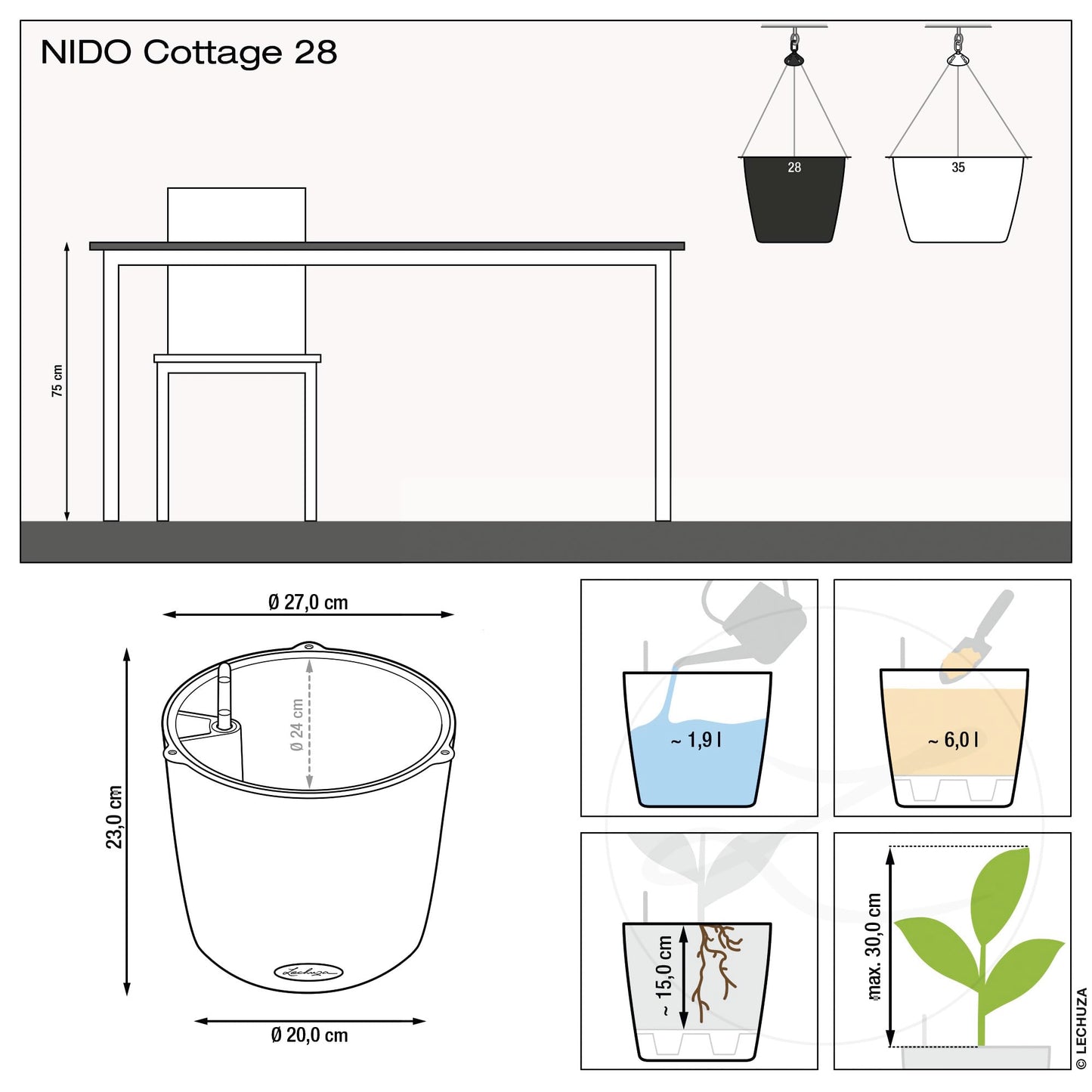 Lechuza Self Watering Plant Pot NIDO Cottage 28 Garden Flower Rattan Look Plastic Indoor and Outdoor Hanging Planter with Drainage Hole D27 H23 cm D27