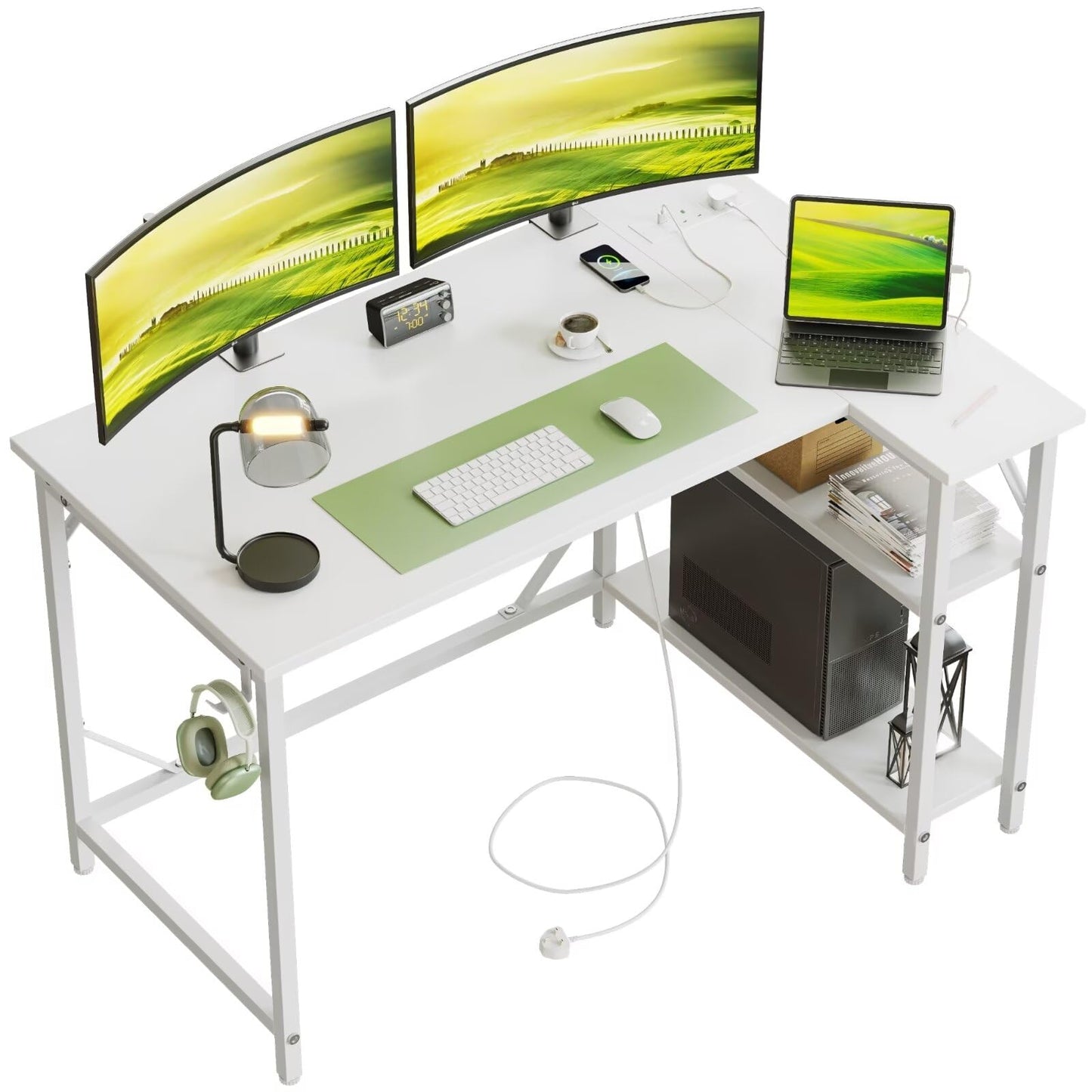 DOMSHOCT L Shaped Desk with Power Outlets&Hooks, 100x70cm Corner white Vanity Table Computer PC Desk, Large Storage Reversible Shelves, Home Office