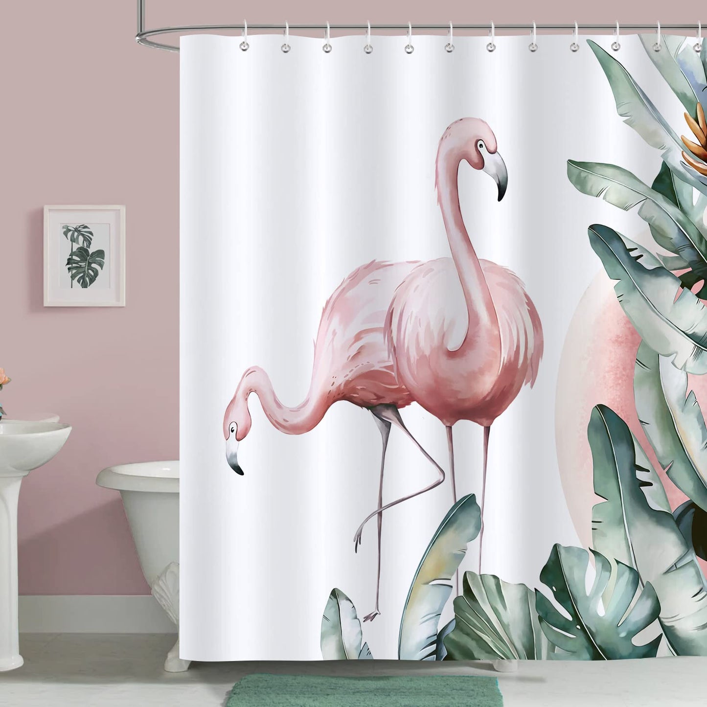 Bonhause Pink Flamingo Shower Curtain Tropical Leaves Bathroom Curtain 180 x 180 cm Waterproof Mildew & Mould Resistant Polyester Fabric Bath Curtain