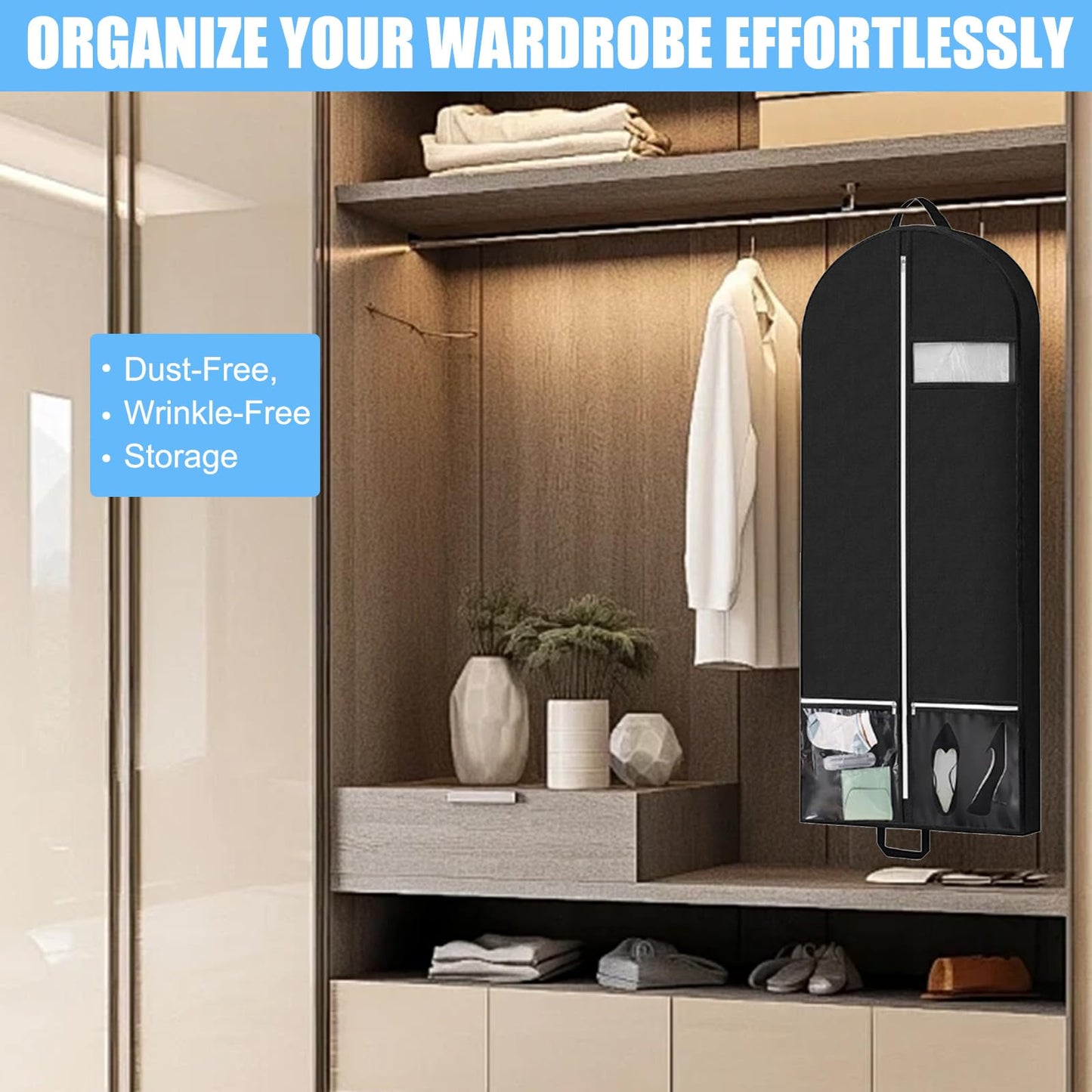 2 Pack Garment Bags for Hanging Clothes, 54x23x4 Inch Foldable Suit Cover with Clear Zipper Pockets & Handles, Heavy Duty Storage Carriers for Travel