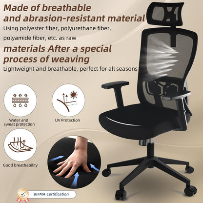 Durrafy Office Chair, Desk Chair with Adjustable Headrest, Lumbar support and Liftable Armrest, High Back Ergonomic Office Chair