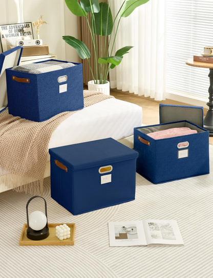 Bagnizer Storage Boxes with Lids 3PCS Foldable Fabric Storage Boxes Large Stackable Storage Baskets for Shelves Storage Box for Clothes Wardrobe Navy