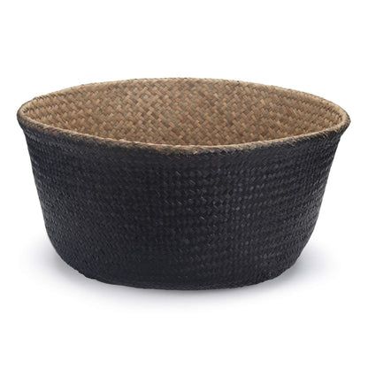 Seagrass Belly Basket Natural Woven Plant Pot Foldable with Handles for Storage Laundry Blankets Toys (Natural + Black)