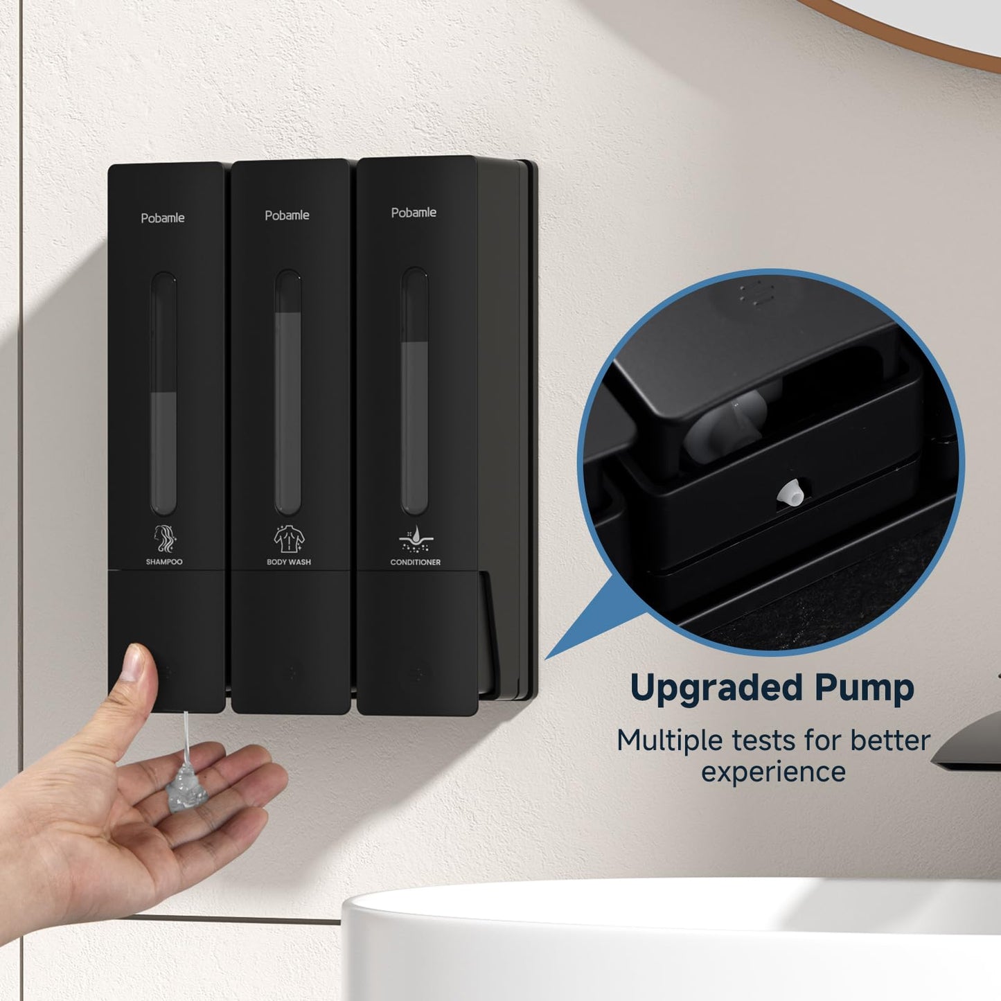 1984 Shower Soap Dispenser Bathroom Set Shampoo Conditioner Body Wash Wall Mounted 3 Chamber No Drill for Home Star Hotel 3 x 400ml Black