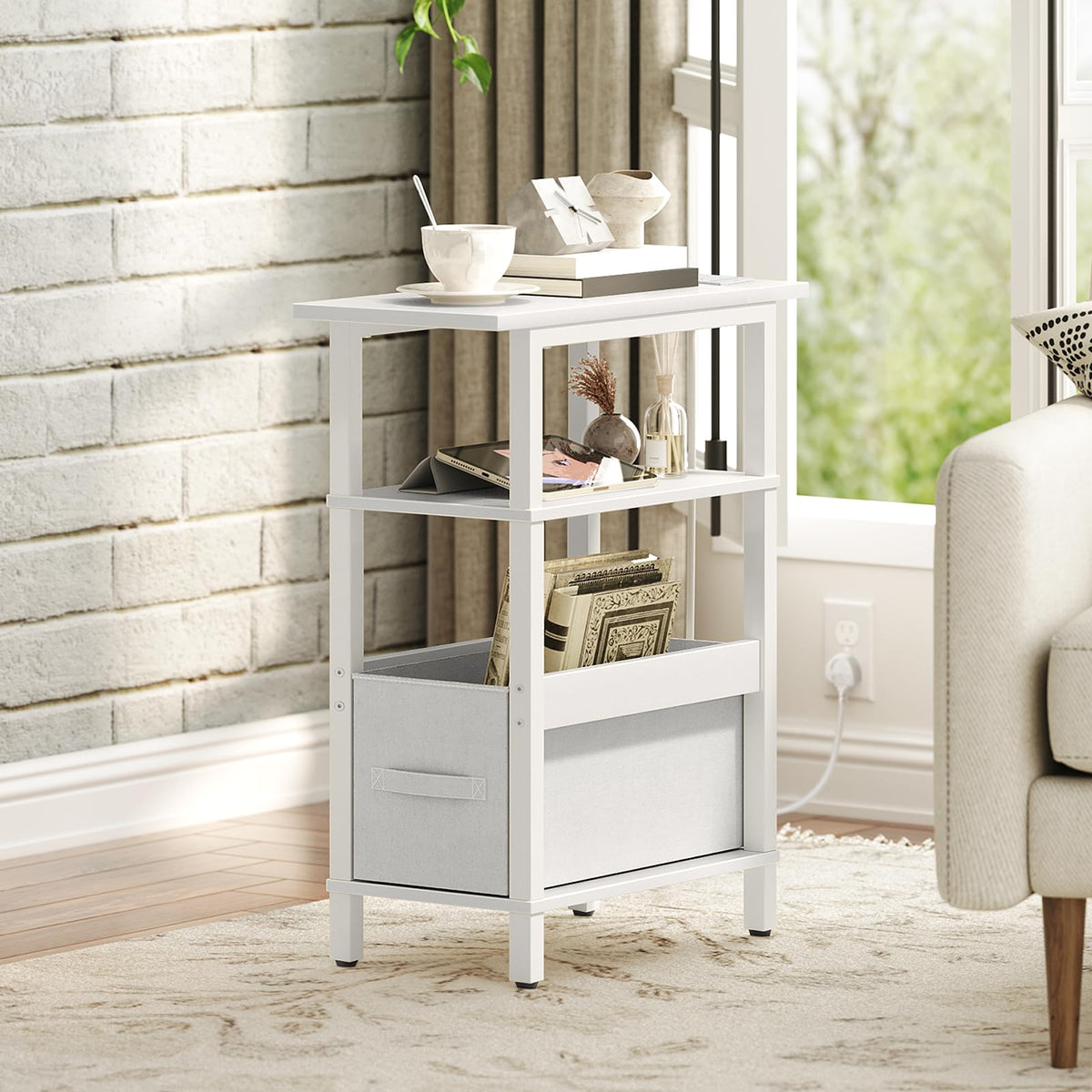 MAHANCRIS Narrow Side Table with Charging Station, 3 Tier Small End Table for Small Spaces, Slim Side Shelf with Storage, for Living Room, Bedroom