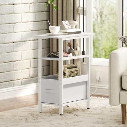 MAHANCRIS Narrow Side Table with Charging Station, 3 Tier Small End Table for Small Spaces, Slim Side Shelf with Storage, for Living Room, Bedroom
