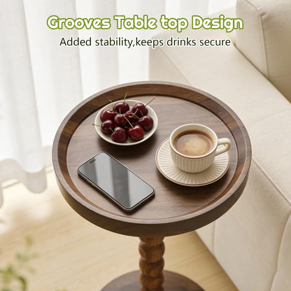Simcat Round Side Table Bamboo Joint Design, Small Round Coffee Table for Small Spaces with Solid Wood Leg for Living Room, Bedroom, Corners