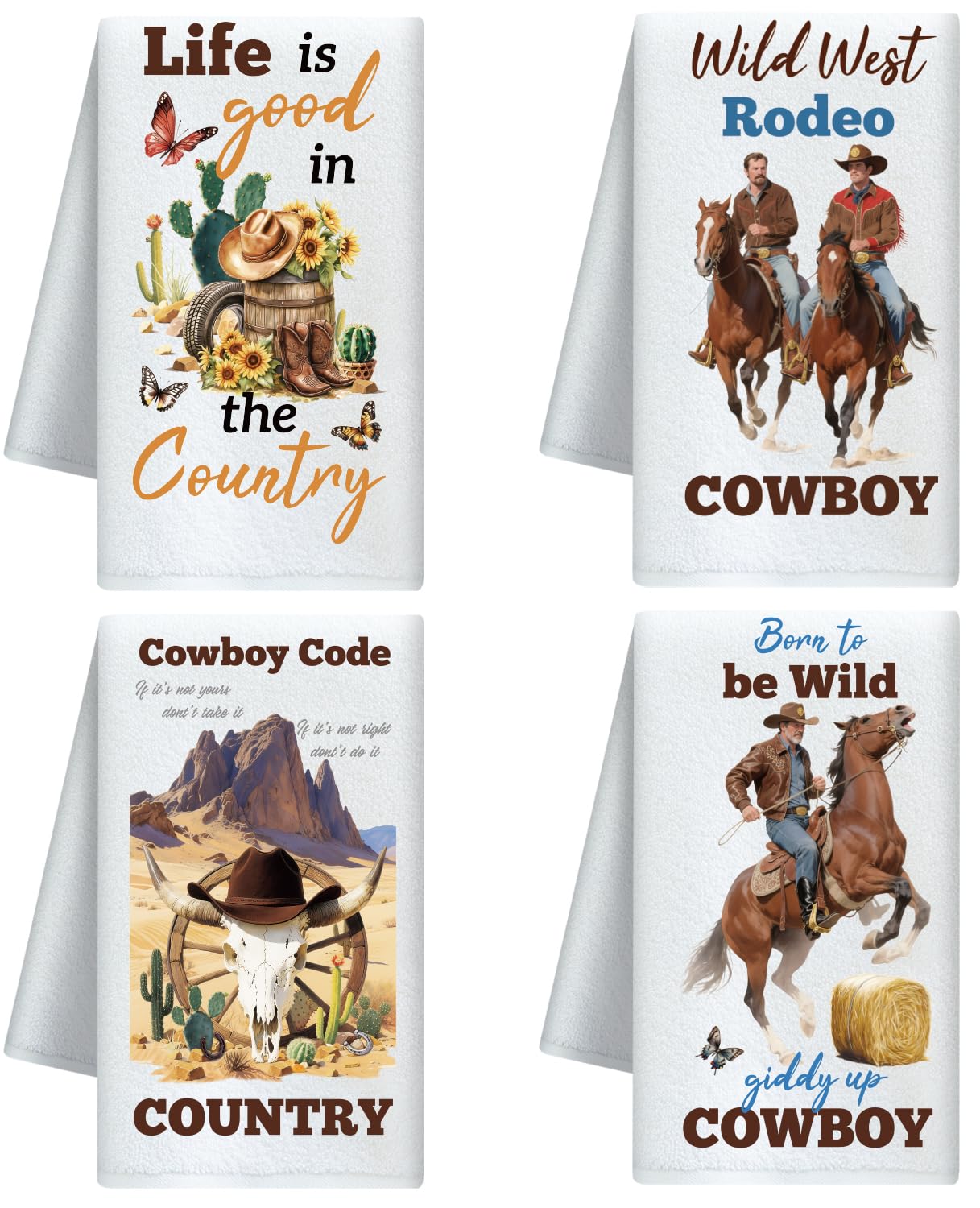CUTHOLLOW Cowboy and Horse Decorative Kitchen Towels Set of 4, 60x40cm Soft & Absorbent Microfiber Dish Towel for Tea Coffee Bar Home, Best Gift for