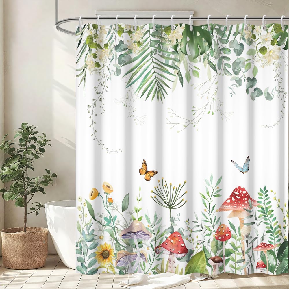 Uiiooazy Sage Green Shower Curtain, Eucalyptus and Palm Leaves Mushroom Floral Bath Curtain Mildew and Mould Resistant Waterproof Washable Opaque