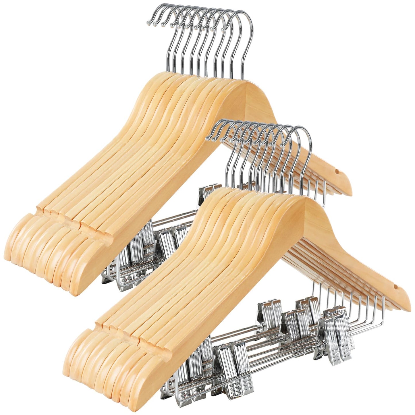 TOPIA HANGER Wooden Suit Hangers with Adjustable Metal Clips (20 Pack), Solid Smooth Wood Clothes Hangers, 360° Swivel Hook
