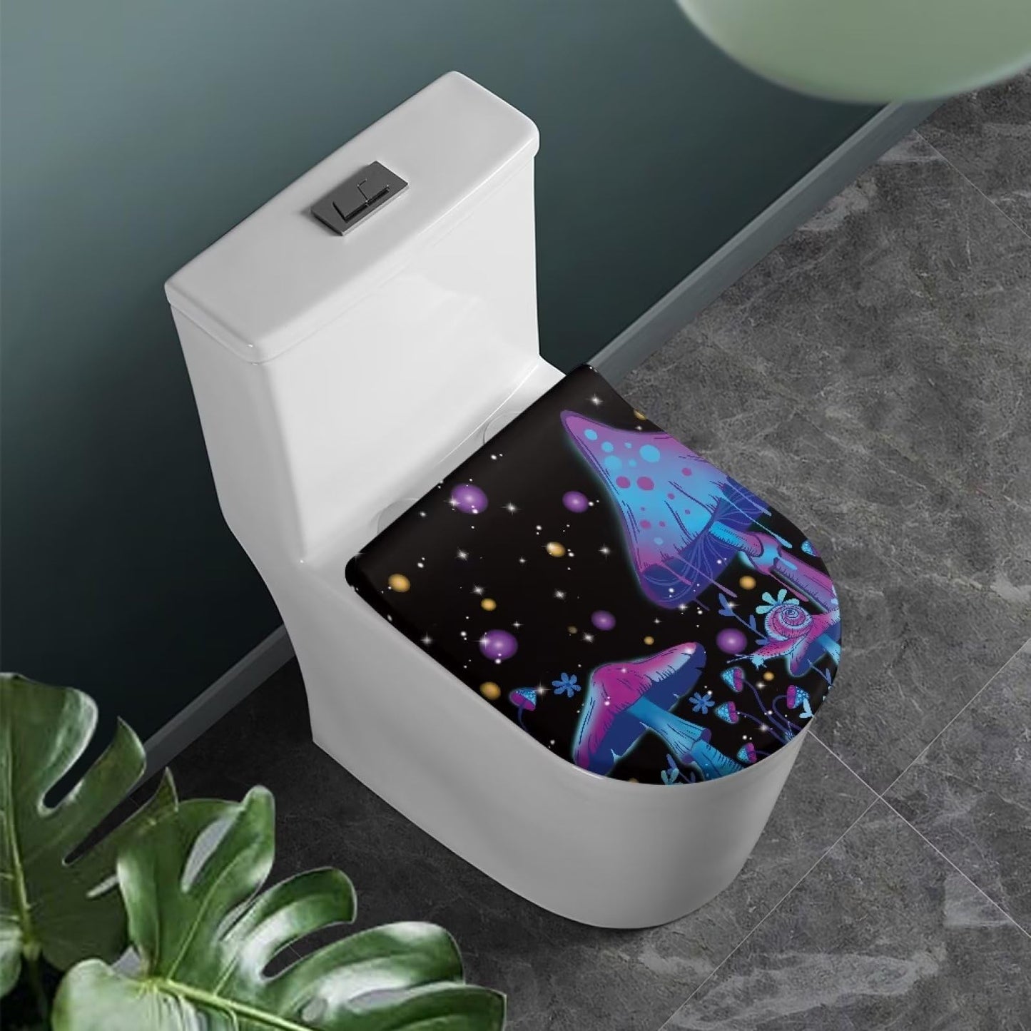 COEQINE Blue Neon Mushroom Toilet Lid Cover Set for Home Decora, Toilet Seat Lid Cover Oval Elongated Bathroom Toilet Lid Cover Washable
