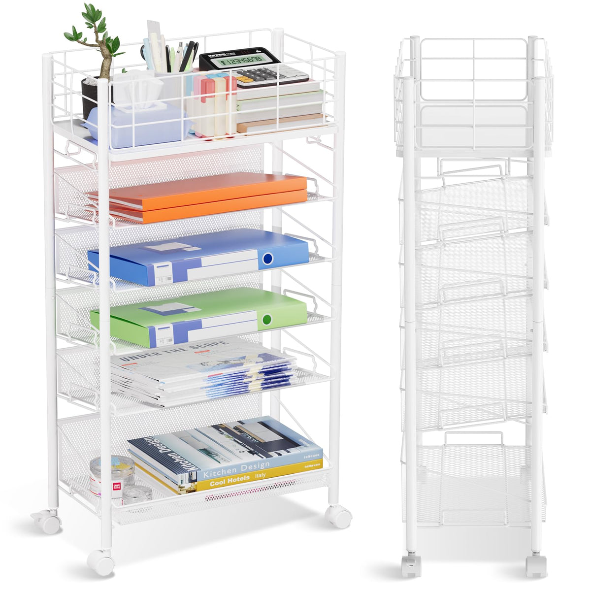 Mobile File Cart with Wheels, 6 Tier Metal File Cart Beside Desk, Mobile Book Cart with Wheels for Office, Home, School, Library, Teacher Room