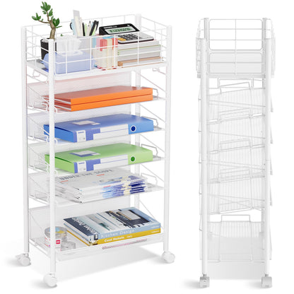 Mobile File Cart with Wheels, 6 Tier Metal File Cart Beside Desk, Mobile Book Cart with Wheels for Office, Home, School, Library, Teacher Room