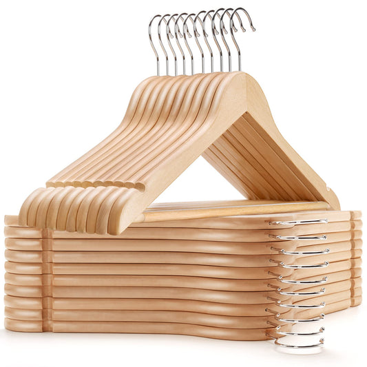 Amber Home 44.5cm Natural Wooden Coat Hanger 30pcs, Space Saving Wood Clothes Hanger with Non Slip Pants Bar and Shoulder Notches, Suit Hangers Racks