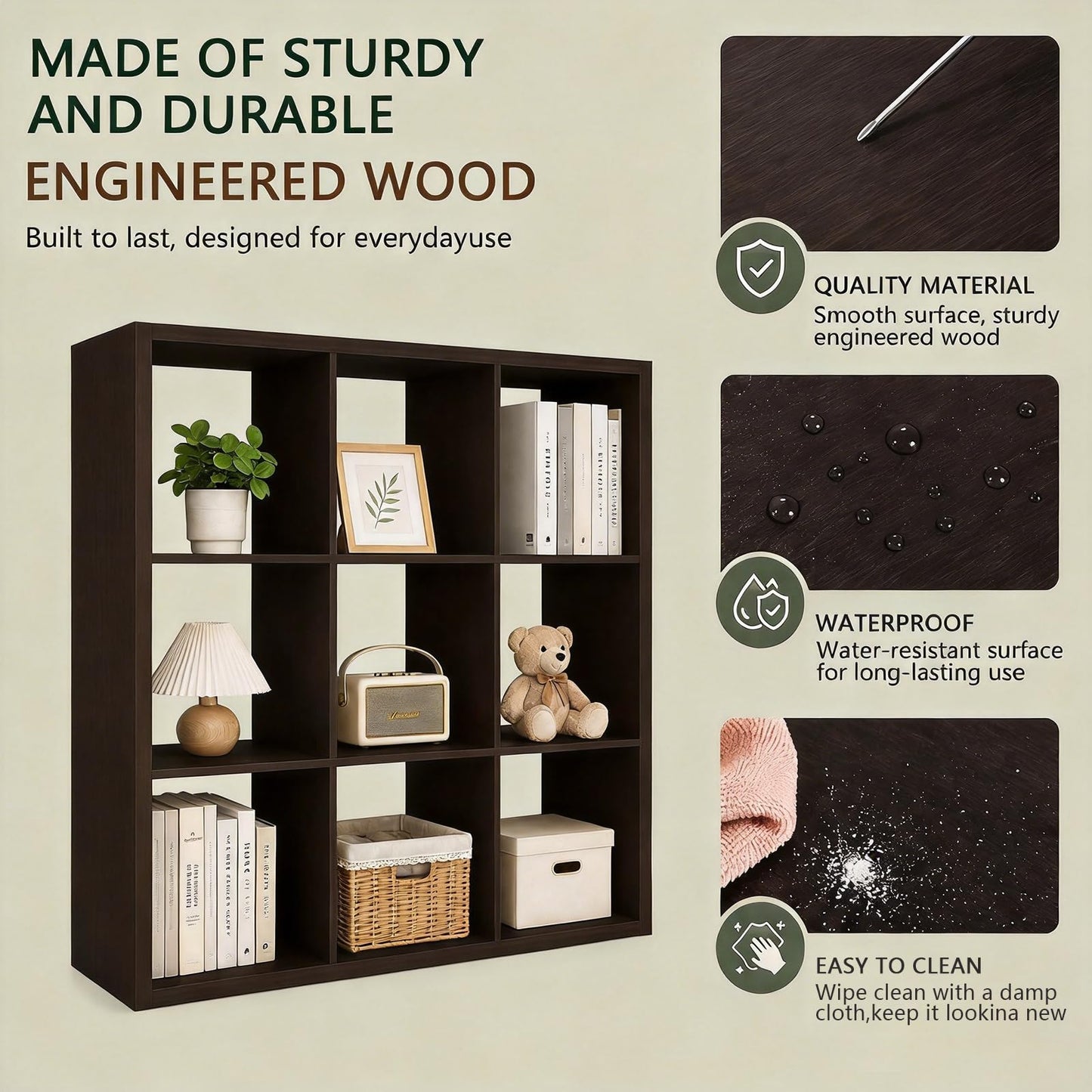 CTESNE【Wooden Thick Frame 9 Cube Storage Organizer Shelf with Anti-Tipping Kits + Reversible Open Back Bookcase