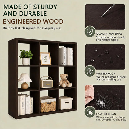 CTESNE【Wooden Thick Frame 9 Cube Storage Organizer Shelf with Anti-Tipping Kits + Reversible Open Back Bookcase