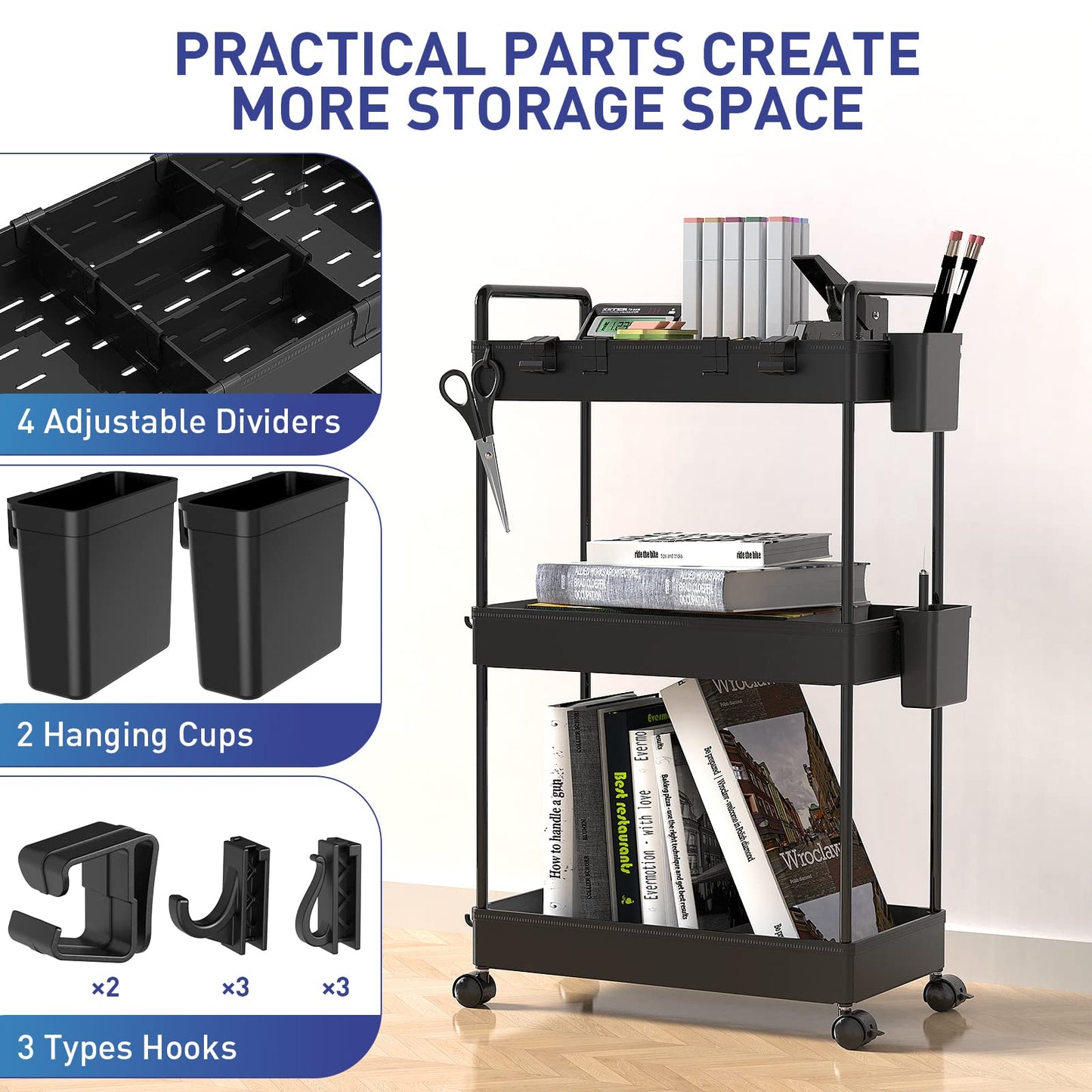 Ronlap Slim Storage Trolley, 3 Tier Rolling Cart Storage Organizer, Utility Rolling Cart with Handle Hanging Cups Dividers for Office Bathroom
