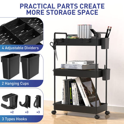 Ronlap Slim Storage Trolley, 3 Tier Rolling Cart Storage Organizer, Utility Rolling Cart with Handle Hanging Cups Dividers for Office Bathroom