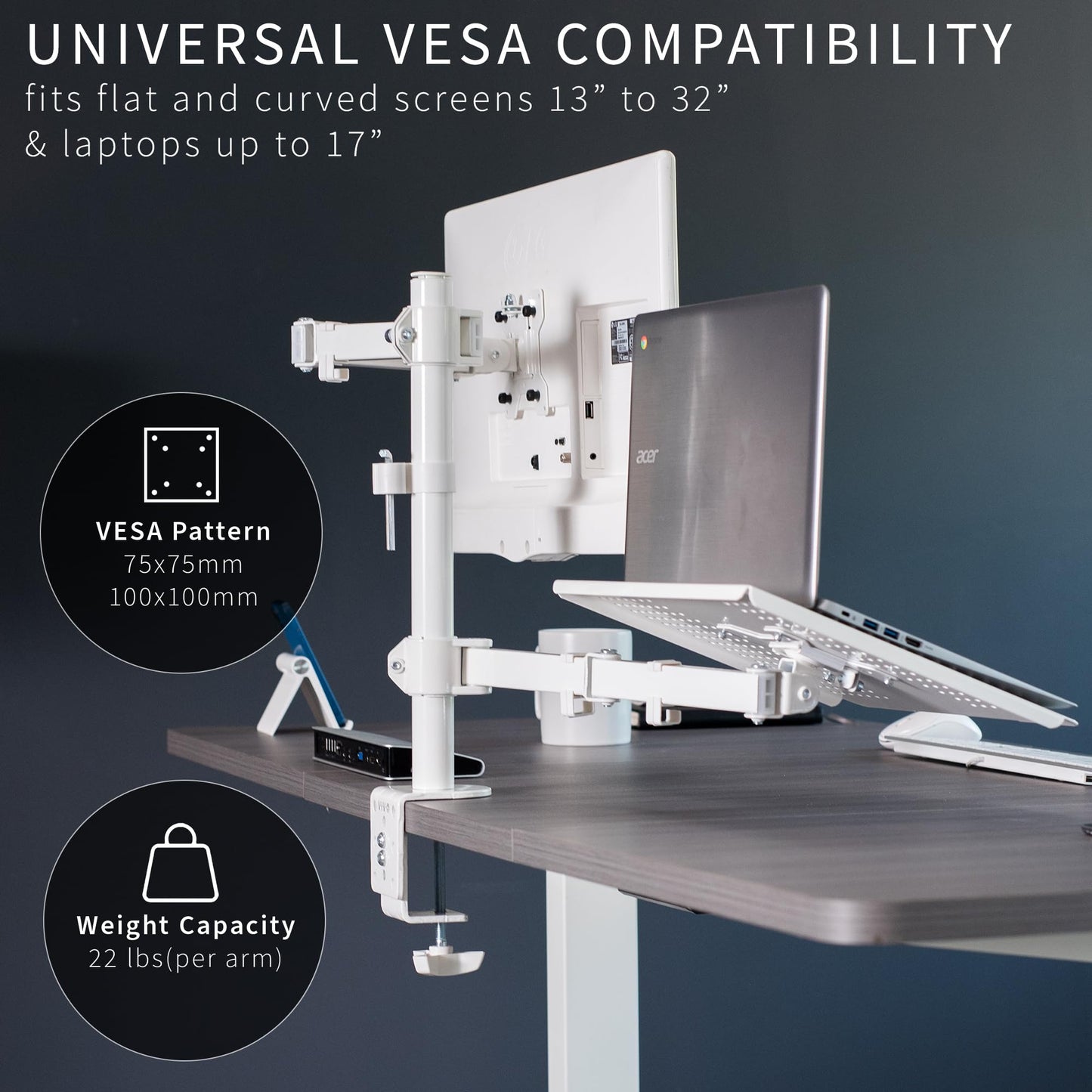 VIVO Fully Adjustable 13 to 32 inch Single Computer Monitor and Laptop Desk Mount Combo, Stand with Grommet Option, Fits up to 17 inch Laptops