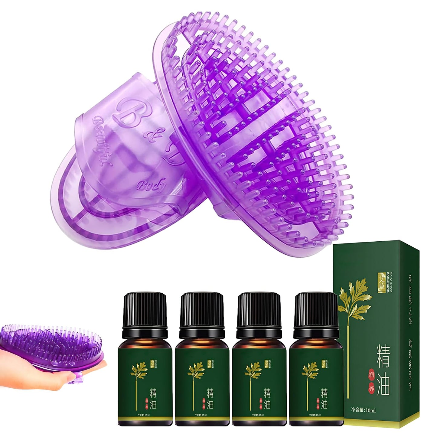 Meridian Massage Brush Set, 2 Pcs Massage Brush and Four Bottles of Essential Oils, Handheld Meridian Brushes for Waist, Abdomen, Head, Leg, Full Body