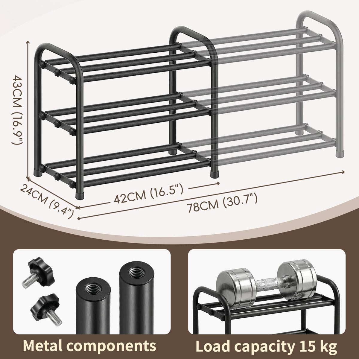 MIKVOYO 3 Tier Extendable Shoe Rack, Black Metal Narrow Adjustable Shoe Storage Stand Racks for Inside Wardrobe Closet, Small Spaces, Hallway