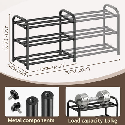 MIKVOYO 3 Tier Extendable Shoe Rack, Black Metal Narrow Adjustable Shoe Storage Stand Racks for Inside Wardrobe Closet, Small Spaces, Hallway