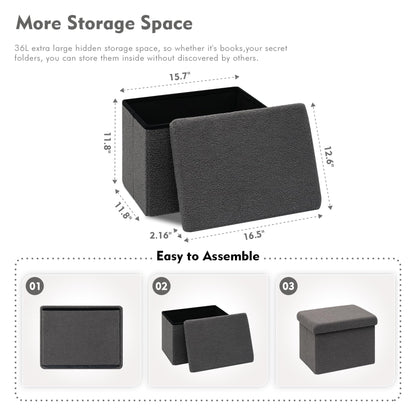Bonlife Ottoman Seat with Storage,Folding Small Footstool for Living Room,Cube Toy Chest Box,Foot Rest,Sherpa Fabric,Grey,42x32x32cm