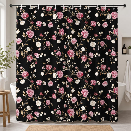 Hopomoon Dark Black Floral Shower Curtain,Vintage Rose and Peony Print Waterproof Polyester Fabric Bath Curtain,Spring Vintage Boho Bathroom Decor