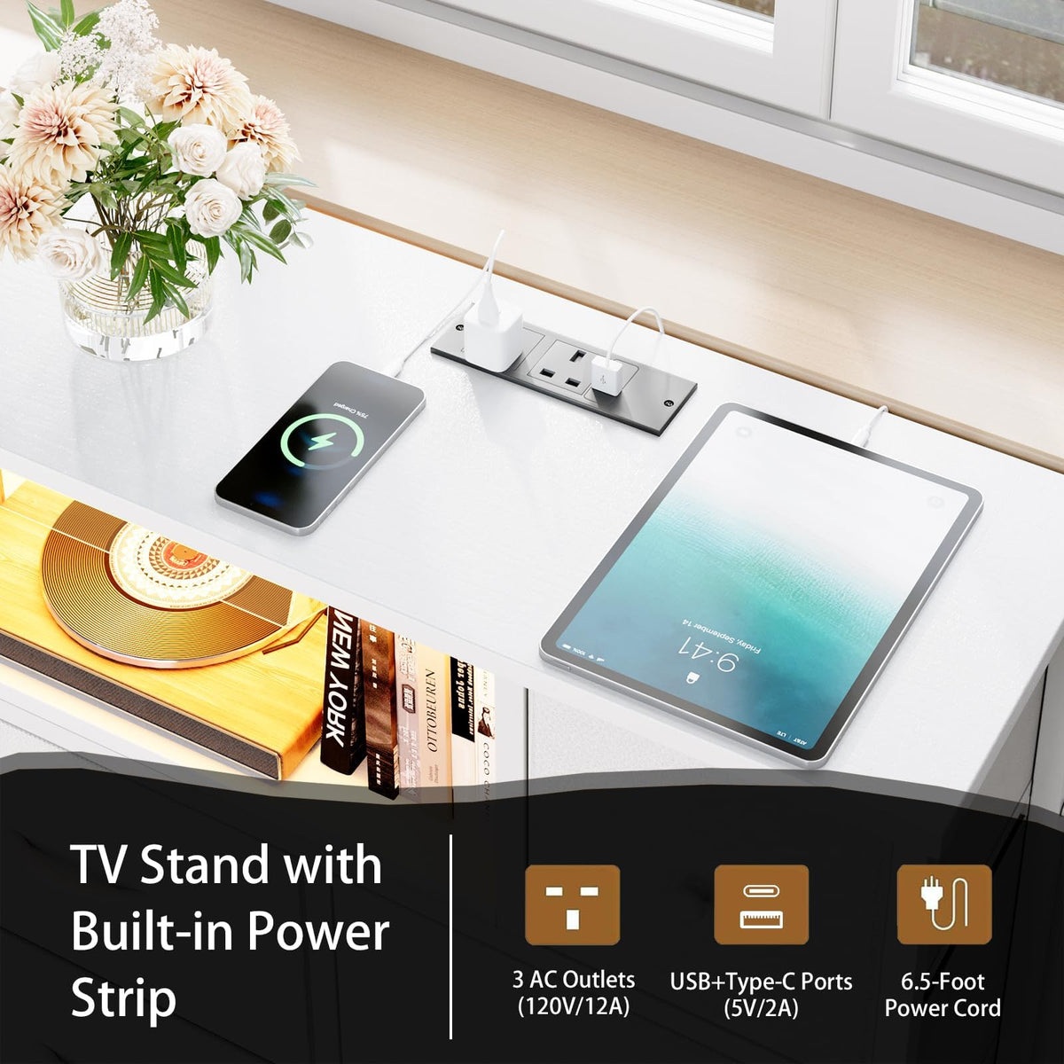 Flrrtenv Chest of Drawers, 8 Fabric Drawers Cabinet, 120CM TV Stand with Power Outlets and LED Lights for 55'' TV, for Bedroom Living Room & Entryway
