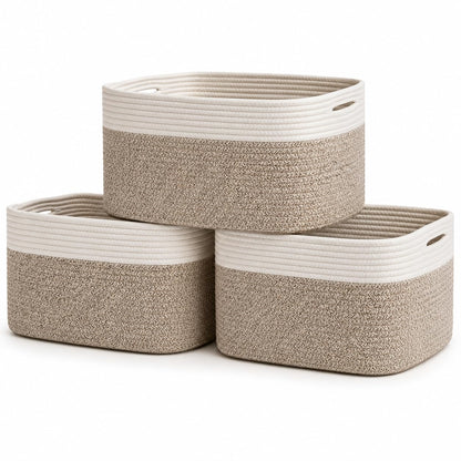 OrganiHaus Set of 3 Bathroom Storage Baskets for Shelves, Cotton Rope Basket for Towels, Toys, Baby Items, White & Brown Blanket Organizer