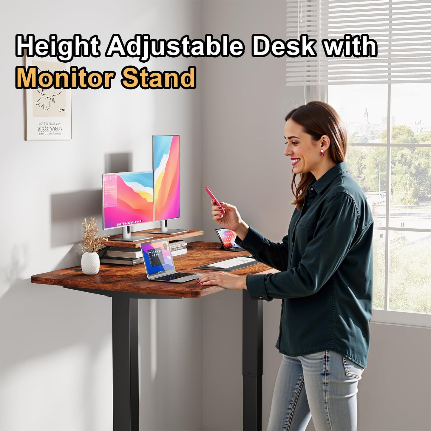 JUMMICO Electric Standing Desk with Monitor Stand, 120x60cm Height Adjustable Desk, Office Table with 2 Memory Smart Pannel,Rustic Brown