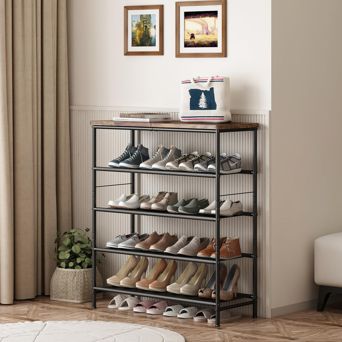 Dazioter Shoe Rack, 5-Tier Metal Shoe Shelves with Wooden Top,Shoe Organizer for Closet, Hallway, Entryway, Living Room
