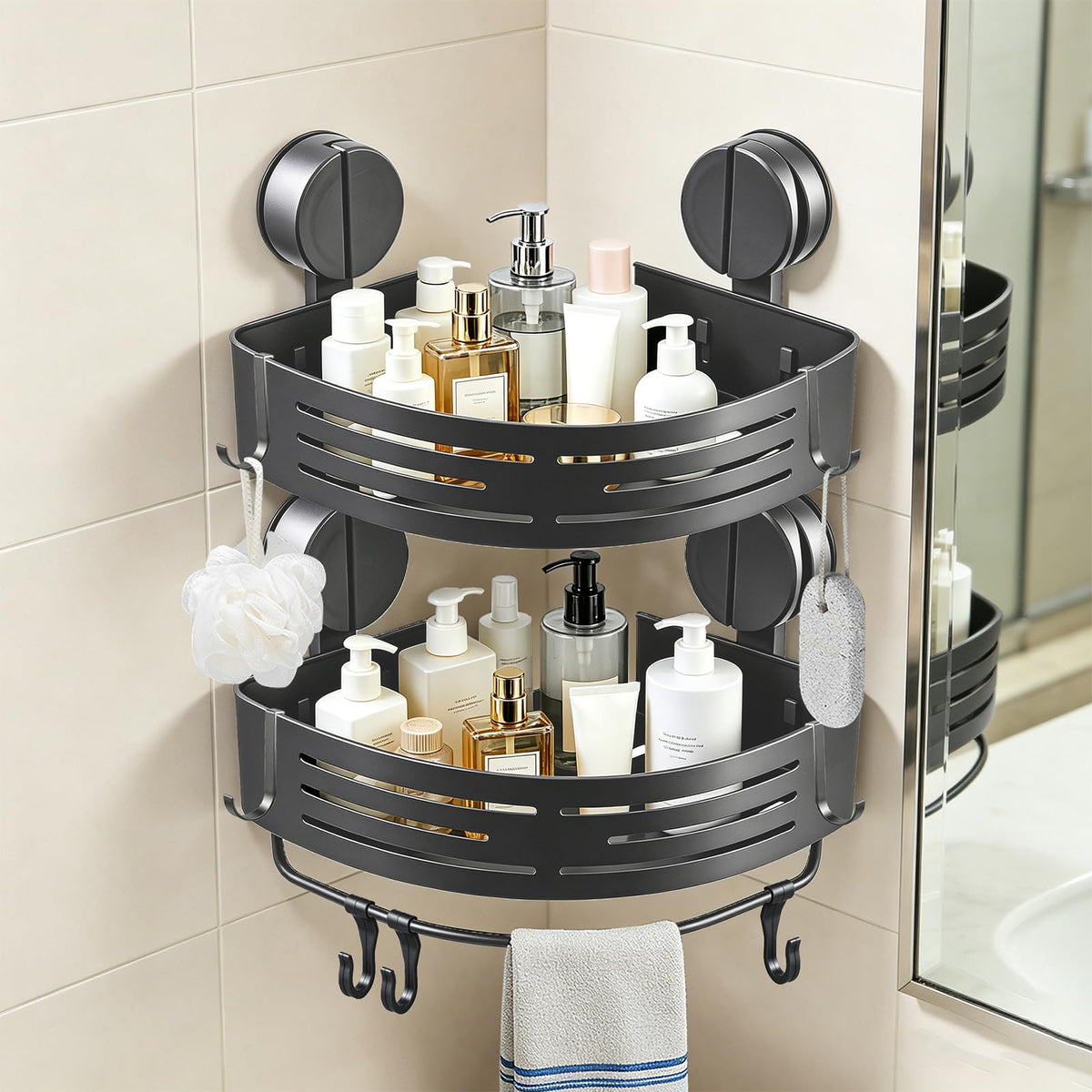 ZBXSNK 2Pcs Corner Shower Caddy, No Drilling Suction Cup Bathroom Corner Shelves, Shower Storage Shelf with Towel Bar & Hooks