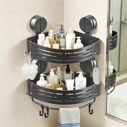 ZBXSNK 2Pcs Corner Shower Caddy, No Drilling Suction Cup Bathroom Corner Shelves, Shower Storage Shelf with Towel Bar & Hooks