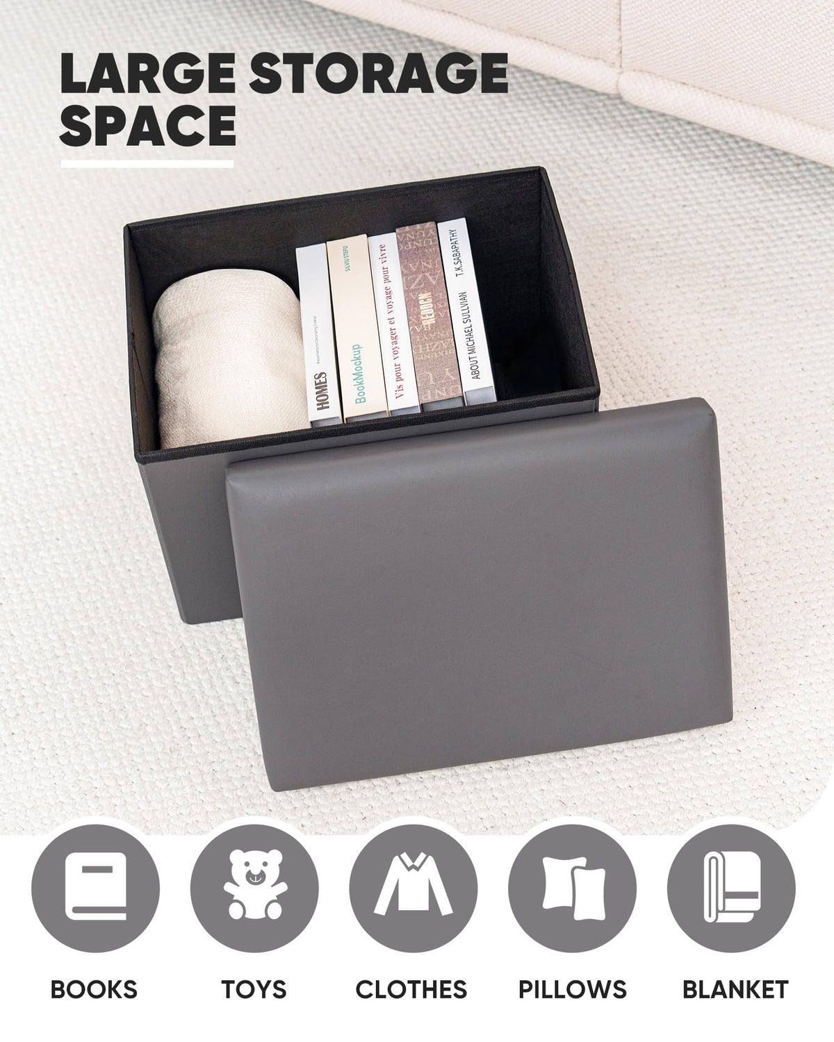 Bonlife Synthetic Leather Ottoman Storage Box, Foldable Toy Chest, Kids Footstool with Storage, Multi-Use Footrest for Living Room & Bedroom, Grey