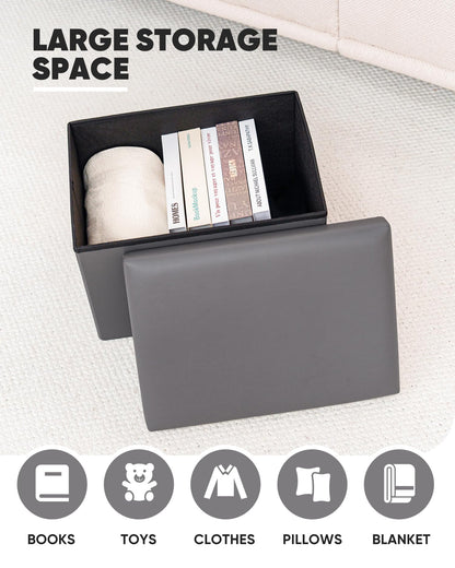 Bonlife Synthetic Leather Ottoman Storage Box, Foldable Toy Chest, Kids Footstool with Storage, Multi-Use Footrest for Living Room & Bedroom, Grey