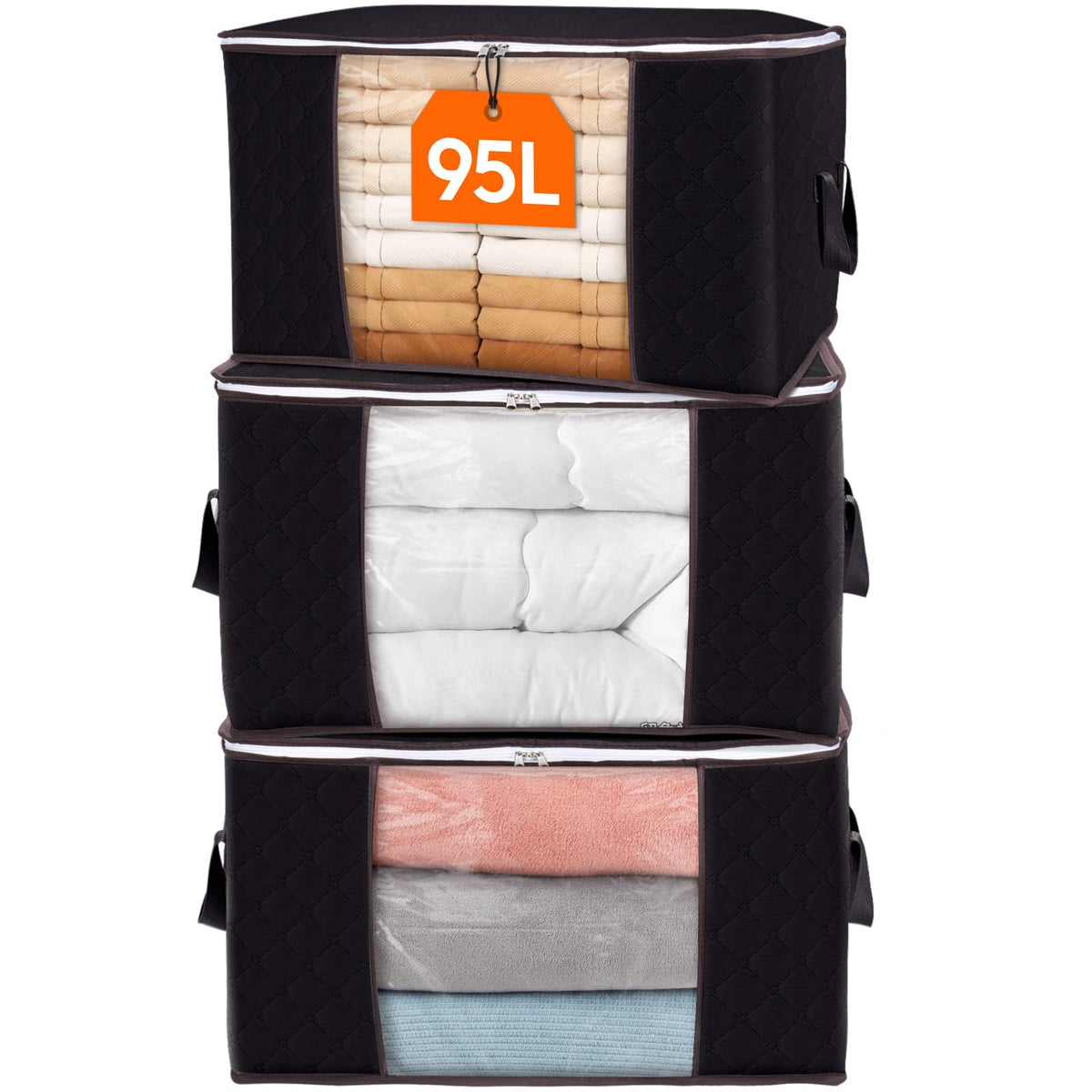 Lifewit 3 Pack 95L Clothes Storage Bags Large Storage Box with Lid Packing Boxes for Moving House with Reinforced Handle Thick Fabric Clear Window