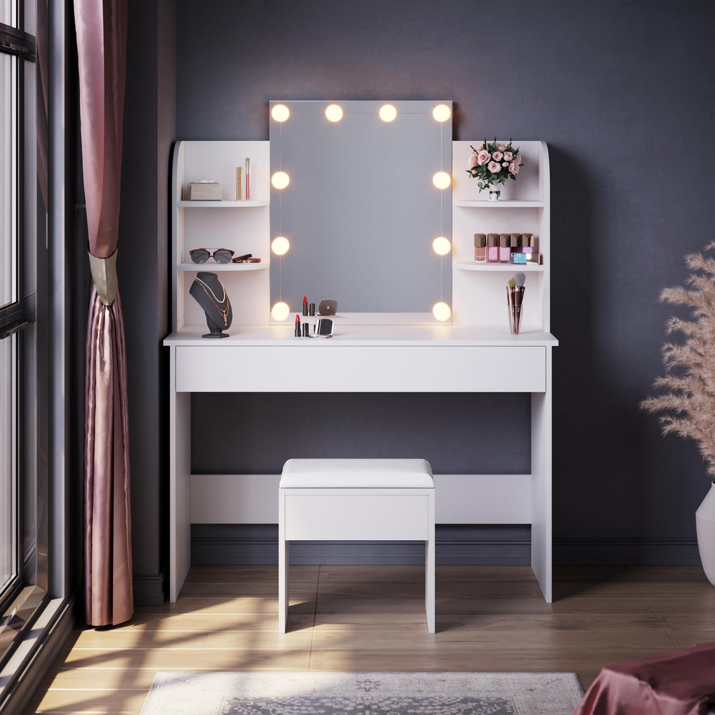ELEGANT Dressing Table Hollywood LED Lights White Makeup Table with 6 Spacious Compartments and Large Storage Drawer, Central Mirror Vanity Table for